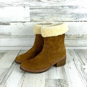 Coach womens 9.5 Patsy Chestnut Suede Fleece Heel Pull On Winter Cozy Ankle Boot